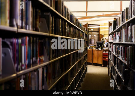 Linien Bücherwand führen zu einem bibliothekar an einem Schreibtisch Stockfoto