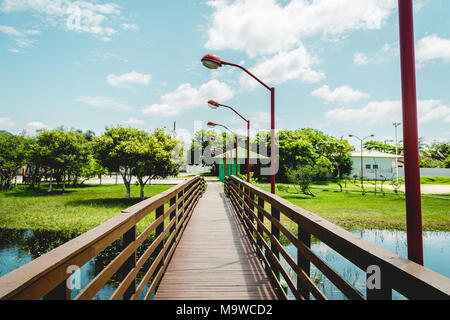 Florianopolis, Brasilien. Februry, 2018. Holz- Brücke über den kleinen See (Lagoa da Chica, Campeche, floripa). Stockfoto