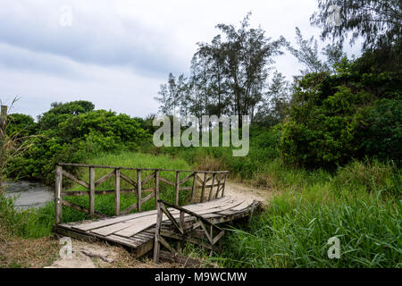 Florianopolis, Brasilien. Februry, 2018. Alte Brücke über einen kleinen Fluss de die Campeche Strand (Praia do Campeche). Stockfoto