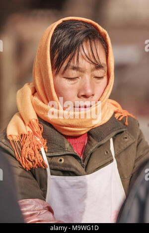 Peking - DEC. 12., 2010. Winter gekleidete Frau Anbieter. China ist ein großes Land mit einer großen Vielfalt von Klimazonen. Peking Winter sind kalt. Stockfoto
