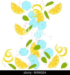 Muster limonade, Wasser mit Kohlensäure, Zitronenscheiben, Zitronenschale, Zitronenschale, Eiswürfel, Luftblasen, Minzeblättchen Stockfoto