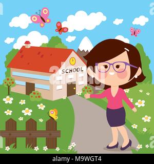 Lehrer vor der Schule begrüßt die Schüler. Lehrerin auf dem Schulhof vor dem Schulgebäude. Vektorabbildung Stock Vektor