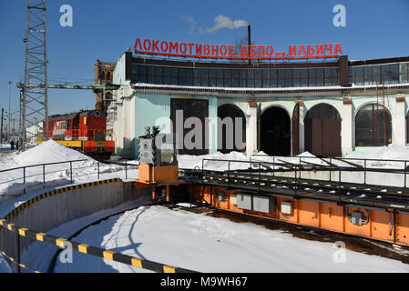 Moskau, Russland. 28. März, 2018. Blick auf die motiv-power-depot Imeni Ilyicha am Bahnhof Belorussky. Stockfoto