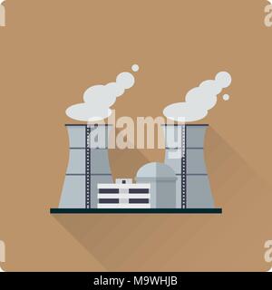 Flache Bauweise lange Schatten Kernkraftwerk Gebäude Vector Illustration Stock Vektor