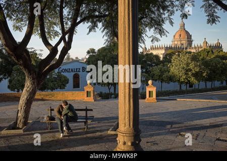 Paar Küssen in Alameda Vieja Park, im Hintergrund Weingüter Gonzalez Byass und der Kathedrale. Jerez de la Frontera. Spanien Stockfoto