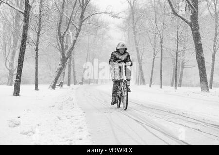 Mann Radtouren durch den Amsterdam Vondelpark an einem verschneiten Tag im Dezember. Stockfoto