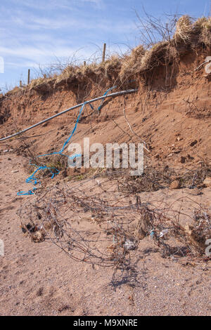 Ein weiterer Beweis für die Erosion der Küsten am Strand von Carsethorn, Dumfries und Galloway region, Schottland. Rückstände in den Vordergrund. Stockfoto