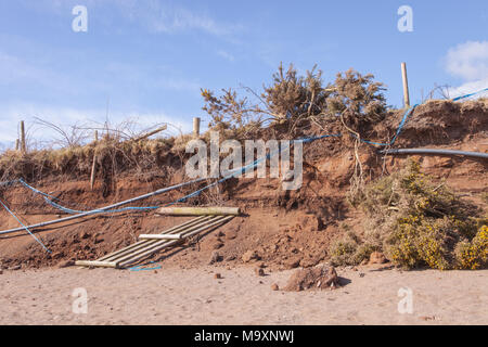 Nachweis der Küstenerosion auf dem Strand bei Carsethorn, Dumfries und Galloway region, Schottland. Stockfoto