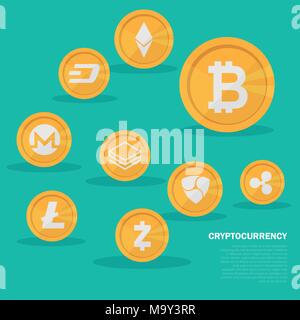 Cryptocurrency auf blauem Hintergrund, digitale Währung, futuristische digitale Geld Stock Vektor