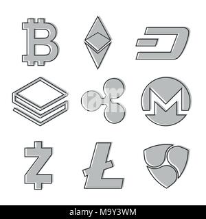 Satz von cryptocurrency Symbole. Line Design in Grau. Vektor Stock Vektor