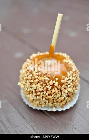 Zerkleinerte Erdnüsse in Karamell überdachten großen frischen Apfel auf braune Holzbank außerhalb des historischen 1837 Franklin Cider Mill, Bloomfield Hills, Michigan, USA. Stockfoto