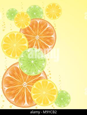 Eine Illustration von Orange Zitrone und Limette Fruchtschnitten auf einer hellgelben Hintergrund mit Blasen Stock Vektor