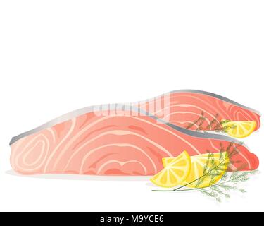 zur Veranschaulichung der frischen rosa Lachs-Steaks mit Zitronenscheiben und Dill garnieren auf weißem Hintergrund Stock Vektor