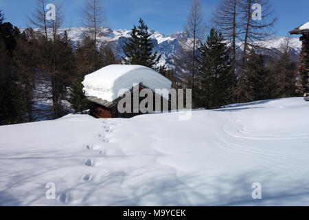 Fußspuren im tiefen Schnee zu traditionellen alpenländischen Scheune in Felder oben Badia, Dolomiten, Italien, EU führt. Stockfoto