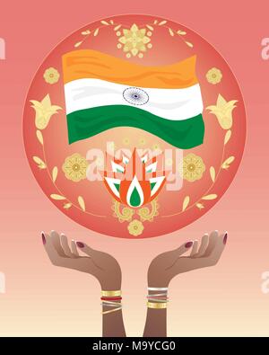 zur Veranschaulichung der Indien Hände Flagge und Blume Designs in eine rote Sonne auf einem rosa Hintergrund Stock Vektor
