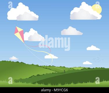 Ein Beispiel für eine Person, eine bunte Drachen in einem schönen Sommer Landschaft mit flauschigen weissen Wolken und ein blauer Himmel Stock Vektor
