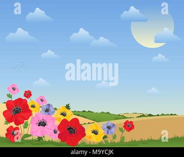 zur Veranschaulichung der Mohn Blumen vor einer Sommerlandschaft mit sanften Hügeln, Hecken und flauschige Wolken Stock Vektor