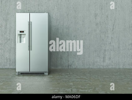 Moderne Edelstahl Kühlschrank auf eine Betonwand und 3D-Rendering Stockfoto