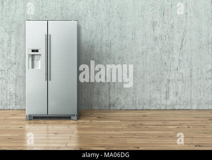 Moderne Edelstahl Kühlschrank auf eine Betonwand und auf einem Holzboden - 3D-Rendering Stockfoto