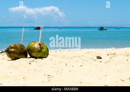 Paar grüne Kokosnuss zusammen am Strand Sand im Vordergrund, im Hintergrund das Meer mit einige Boote und Kanus Stockfoto