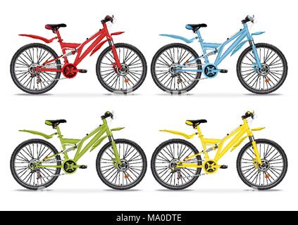 Stellen Sie realistische Vektor bunten Fahrräder verschiedene Farben. Rot, Blau, Grün und Gelb bike halbe Gesicht mit vielen mehrere Details isoliert auf weißem Hinterg Stock Vektor