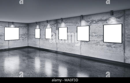 Moderne Beton Galerie Zimmer mit richtstrahler und Frames. Produkt artwork Ausstellung mock up. Weiß isoliert Kunst frames. 3D-Rendering Stockfoto