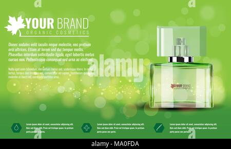 Vector Illustration eines realistischen Stil Parfüm in einer Glasflasche auf grünem Hintergrund. Stock Vektor