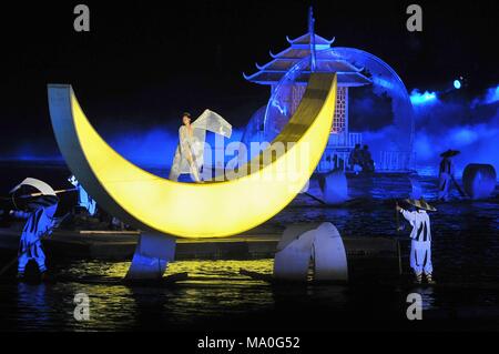 Eindruck Liu Sanjie Night Light Show Performance auf dem Li-fluss Yangshuo China. Stockfoto