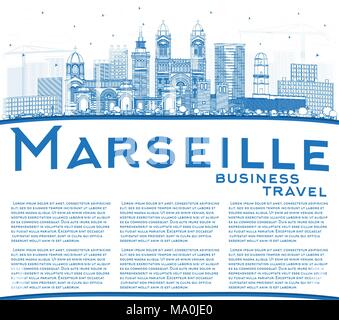 Übersicht Marseille Frankreich Skyline der Stadt mit blauen Gebäude und Kopieren. Vector Illustration. Business Travel und Tourismus Konzept Stock Vektor