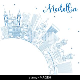 Umrisse Medellin Kolumbien Skyline der Stadt mit blauen Gebäude und Kopieren. Vector Illustration. Business Travel und Tourismus Konzept Stock Vektor