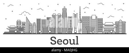 Übersicht Seoul Südkorea Skyline der Stadt mit modernen Gebäuden isoliert auf Weiss. Vector Illustration. Seoul Stadtbild mit Sehenswürdigkeiten. Stock Vektor