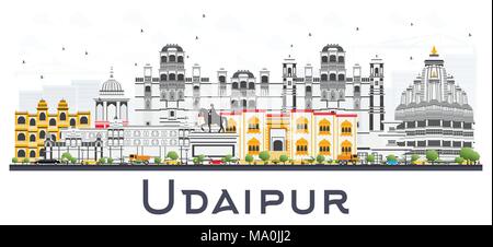 Udaipur Indien Skyline der Stadt mit Farbe Gebäude isoliert auf Weiss. Vector Illustration. Business Travel und Tourismus Konzept mit historischer Architektur Stock Vektor