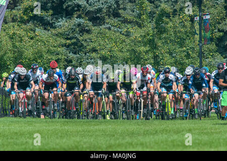 Radfahrer am Beginn eines Zyklus Cross Rennen im Stanley Park, Calgary, Alberta. Stockfoto