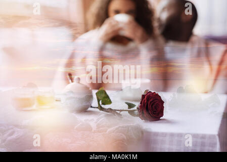 Schöne rote Rose auf dem Tisch liegt Stockfoto