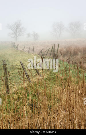 Einen alten Zaun mit Beiträge nur durch den Stacheldraht, der zwischen Ihnen erstreckt sich gehalten, am Rande eines Feldes mit einem kleinen Bach läuft neben unseen Stockfoto