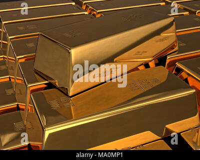 3D-Rendering aus gestapelten Gold Ingots Stockfoto