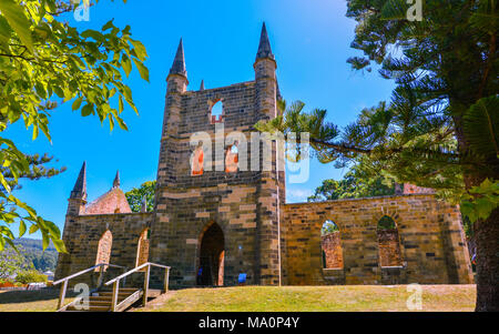 Port Arthur, Tasmanien, Australien - Der Verurteilte Kirche. Im Jahr 1837 abgeschlossen, diese Kirche ist ein dauerhafter Tribut zu überführen. Stockfoto