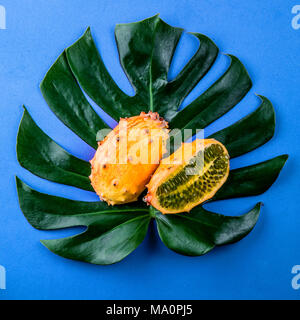 Kreative Gestaltung aus Sommer tropische Früchte und tropische Blätter auf blauem Hintergrund. Flach. Essen Konzept. Tropische Konzept. Stockfoto