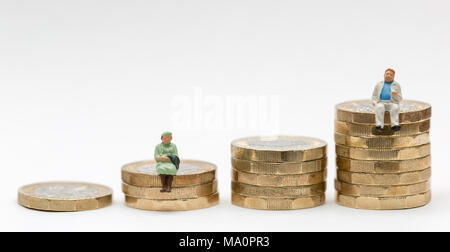 Gender Gleichstellung Konzept Bild von Mann und Frau auf einem Stapel Pfund Münzen Stockfoto