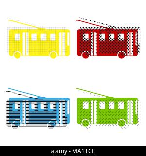 Trolleybus unterzeichnen. Vektor. Gelb, Rot, Blau, Grün Symbole mit ihrer schwarzen Textur auf weißen Hintergrund. Stock Vektor