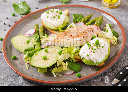 Gesundes Frühstück. Pochierte Eier auf Toast mit Avocado, Spargel und Hähnchen Filet vom Grill. Stockfoto