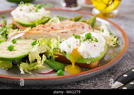 Gesundes Frühstück. Pochierte Eier auf Toast mit Avocado, Spargel und Hähnchen Filet vom Grill. Stockfoto