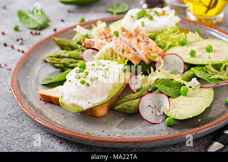 Gesundes Frühstück. Pochierte Eier auf Toast mit Avocado, Spargel und Hähnchen Filet vom Grill. Stockfoto