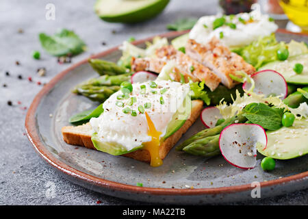 Gesundes Frühstück. Pochierte Eier auf Toast mit Avocado, Spargel und Hähnchen Filet vom Grill. Stockfoto