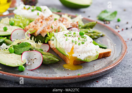 Gesundes Frühstück. Pochierte Eier auf Toast mit Avocado, Spargel und Hähnchen Filet vom Grill. Stockfoto