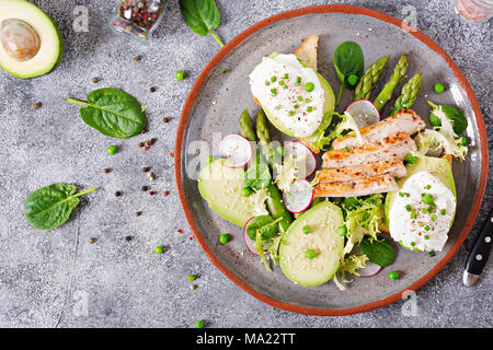 Gesundes Frühstück. Pochierte Eier auf Toast mit Avocado, Spargel und Hähnchen Filet vom Grill. Ansicht von oben Stockfoto