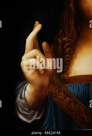 Hand von Jesus Christus in die symbolische Geste. Details aus meinem eigenen Reproduktion von Leonardo DaVinci Malerei Retter der Welt Stockfoto