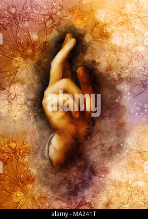 Hand von Jesus Christus in die symbolische Geste. Details aus meinem eigenen Reproduktion von Leonardo DaVinci Malerei der Erlöser der Welt ist. Grafische Wirkung und orname Stockfoto