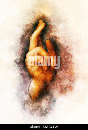 Hand von Jesus Christus in die symbolische Geste. Details aus meinem eigenen Reproduktion von Leonardo DaVinci Malerei der Erlöser der Welt ist. Grafische Wirkung und orname Stockfoto