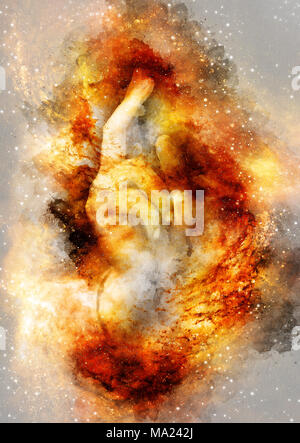 Hand von Jesus Christus in die symbolische Geste. Details aus meinem eigenen Reproduktion von Leonardo DaVinci Malerei Retter der Welt in den kosmischen Raum Stockfoto